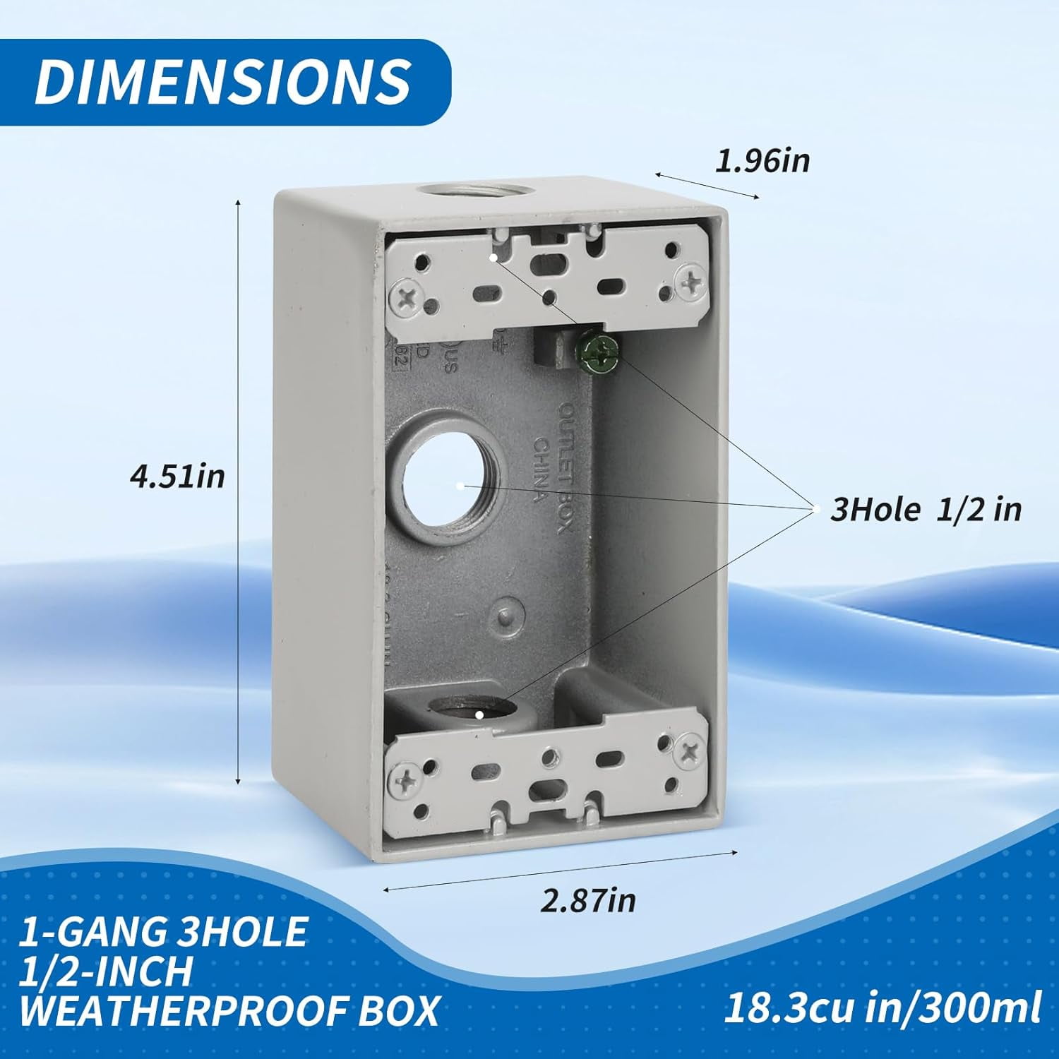 Weatherproof Outlet Box with Three 1/2-in Threaded Outlets,4-3/5-Inch Length by 2-5/6-Inch Width by 2-Inch Depth,1 Gang Electrical Outlet Box,CUL Listed,Gray(Pack of 9)
