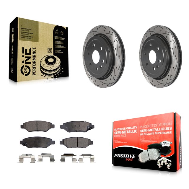 Transit Auto Rear Coated Drilled Slotted Disc Brake Rotors and Semi-Metallic Pads Kit for Car Cadillac SRX Saab 9-4X KDF-100871