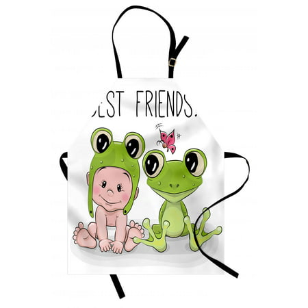 Animal Apron Cute Cartoon Baby in Froggy Hat and Frog Best Friends Love Theme Graphic, Unisex Kitchen Bib Apron with Adjustable Neck for Cooking Baking Gardening, Cream White Green, by