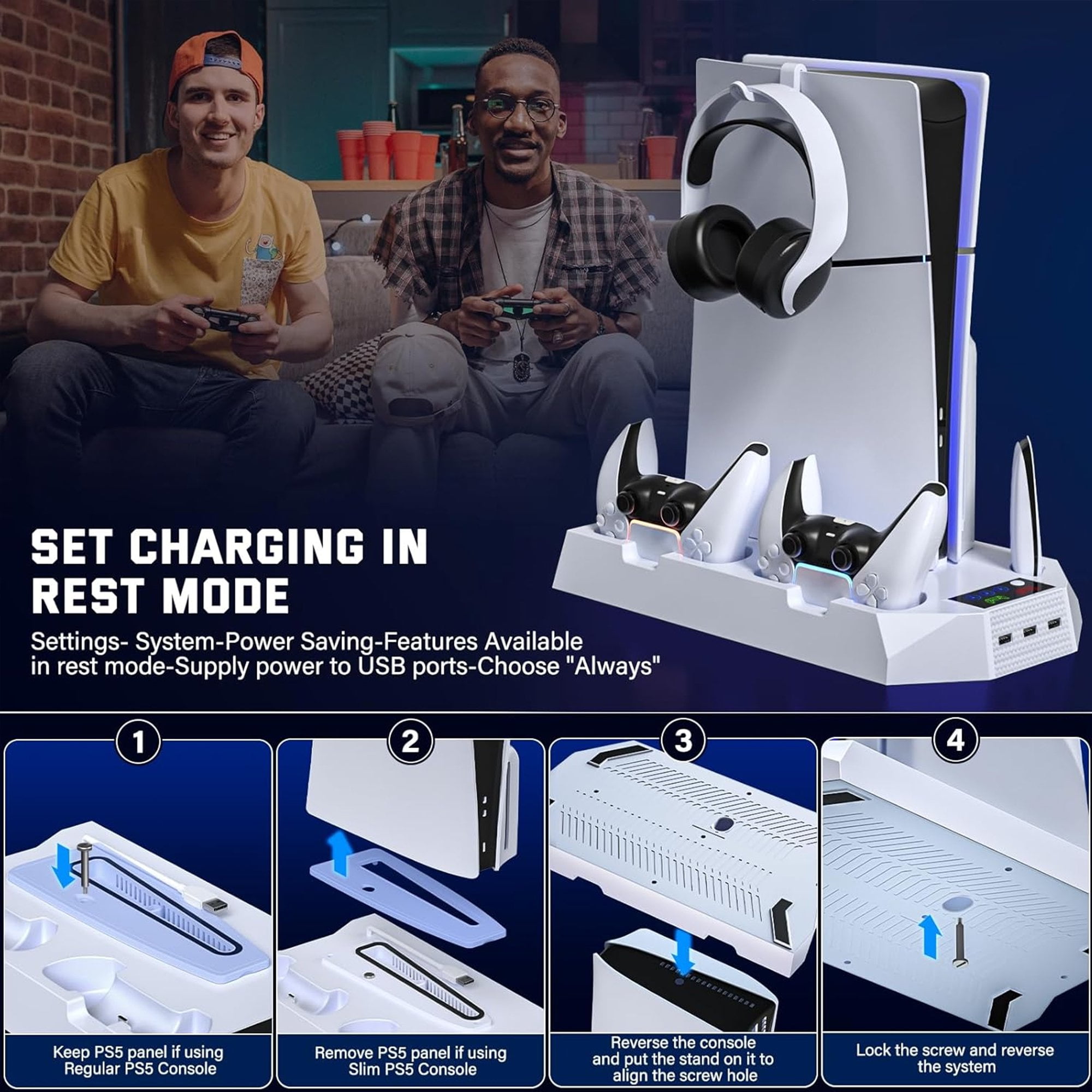 Cooling Stand Controller Charger with Headset Holder, 3 USB Hub for PS5, PS5 Slim, White