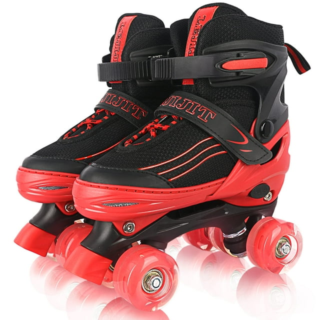 LEJIJIT Patins à Roulettes Ajustables pour Garçons Filles Tout-Petits 3-12 Ans, 4 Tailles pour Enfants et Jeunes Adultes avec Roues Lumineuses, Patins à Roulettes Noirs Rouges pour le Sport. (Tout-Petit 7C-10C)