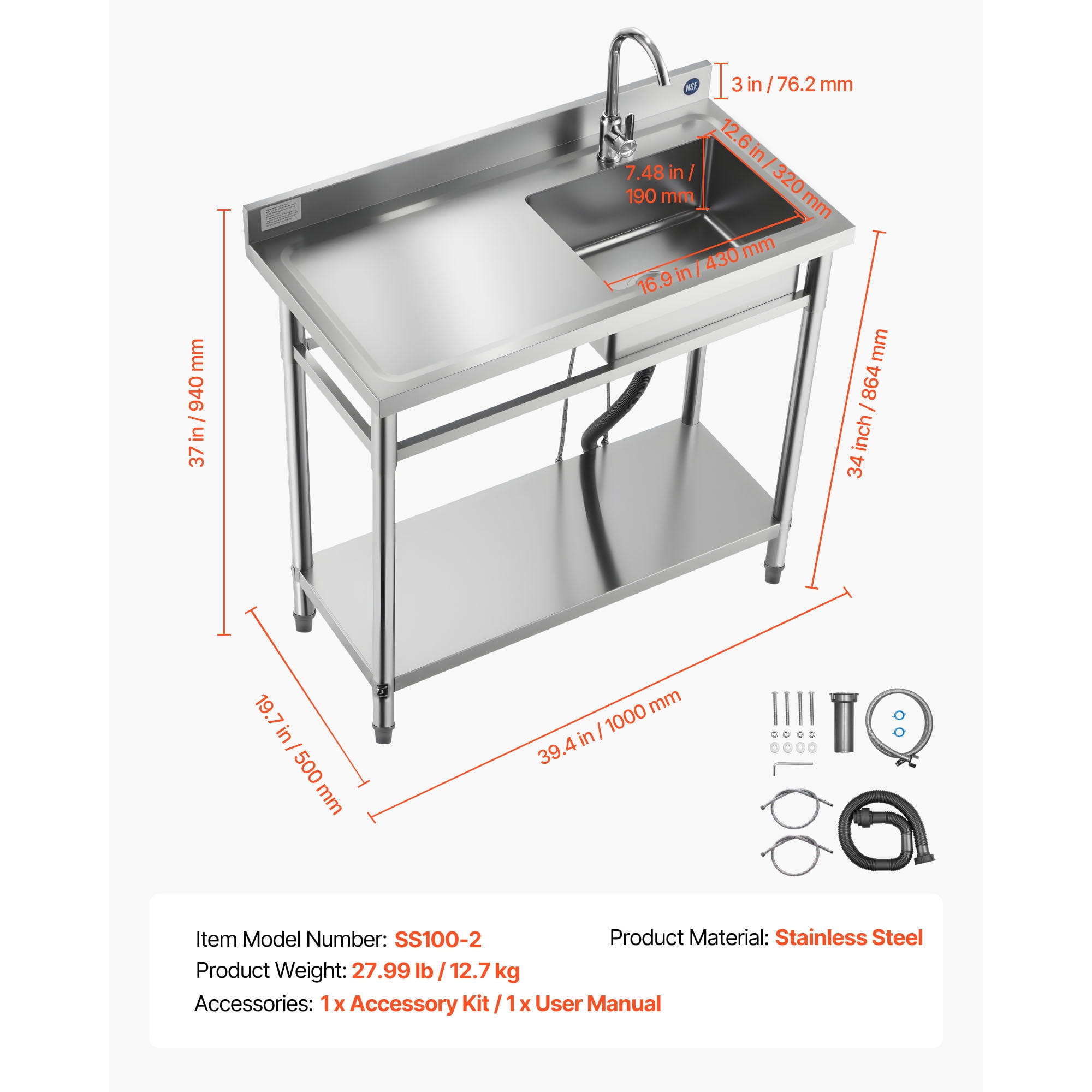 KFFKFF Stainless Steel Utility Sink, Free-Standing Single Bowl Commercial Kitchen Sink with Faucet, 39.4 x 19.7 x 37 in, Left-Side Basin with Hot and Cold Water Pipes for Garage, Restaurant