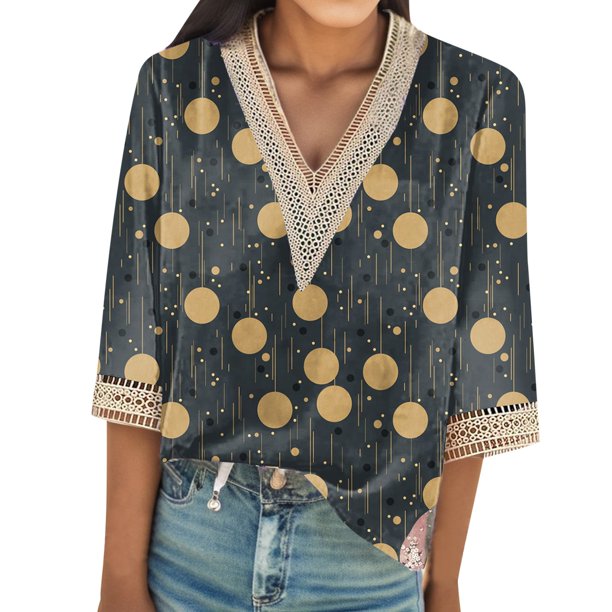 Gibobby Playeras Mujer Camisetas Cuello V Camiseta cómoda manga corta con cuello en V estampada estilo occidental informal para mujer(Amarillo,XL)