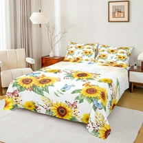 Manfei Teens Rustic Sunflower Queen Sheet Sets, Kawaii Farmhouse Butterfly Moth Flat Sheet, White Yellow Queen Fitted Sheet, Luxury Bedroom Decor, 4-Piece