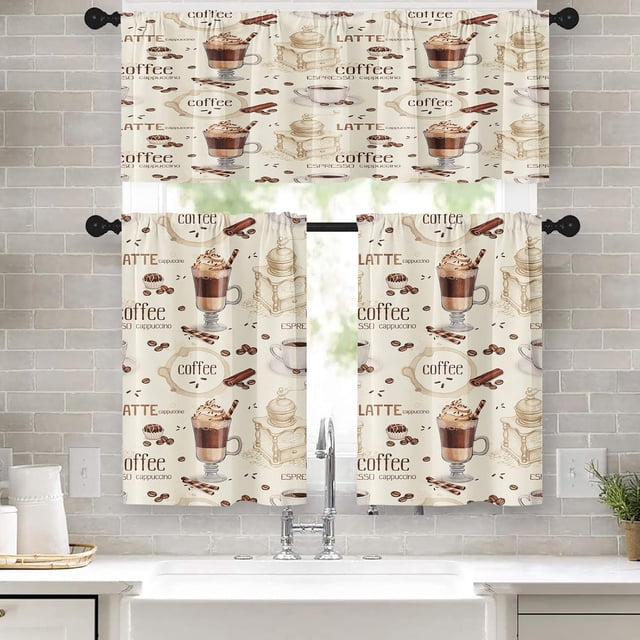 Coffee Kitchen Curtains Cappuccino Window Curtains and Valances Set 36 Inch, Cream Short Tier Curtain for Kitchen, Coffee Shop Small Kitchen Decor