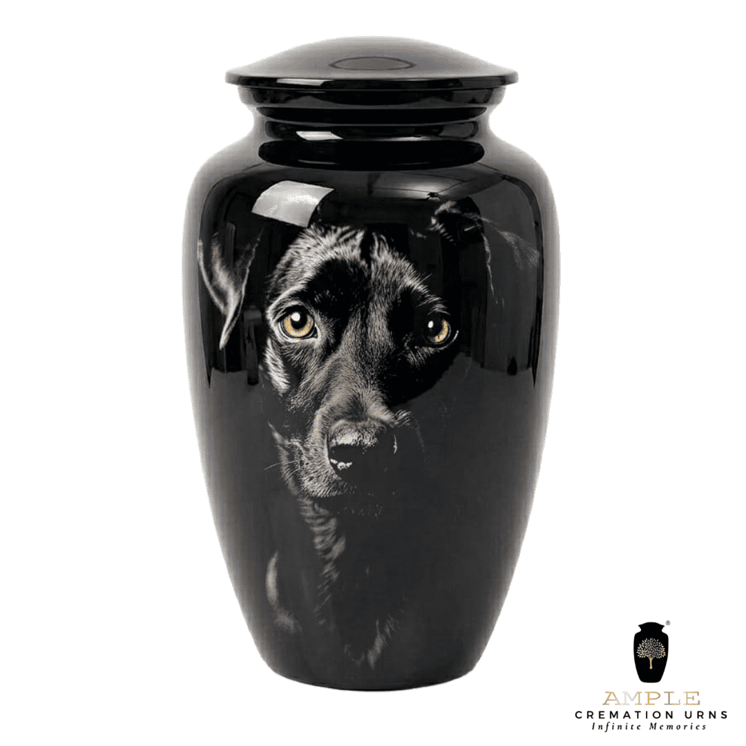 Black Dog Cremation Urn for Pet Ashes – Glossy Aluminum Memorial Urn Realistic Portrait