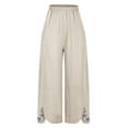 thumbnail image 4 of Women's Wide Leg Pants Fashion Embroidery Prints High Waisted Cotton Linen Side Pleated Pants Casual Loose Straight Trousers with Pockets Beige M, 4 of 7