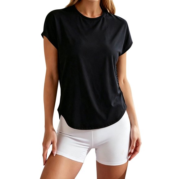 WEIGFI Women'S Tshirts Loose Fit Workout Tops Mesh Yoga Running Crew Neck Short Sleeve Lightweight Clothes Solid Color Trendy Comfort Beach Everyday Wear,Black,L