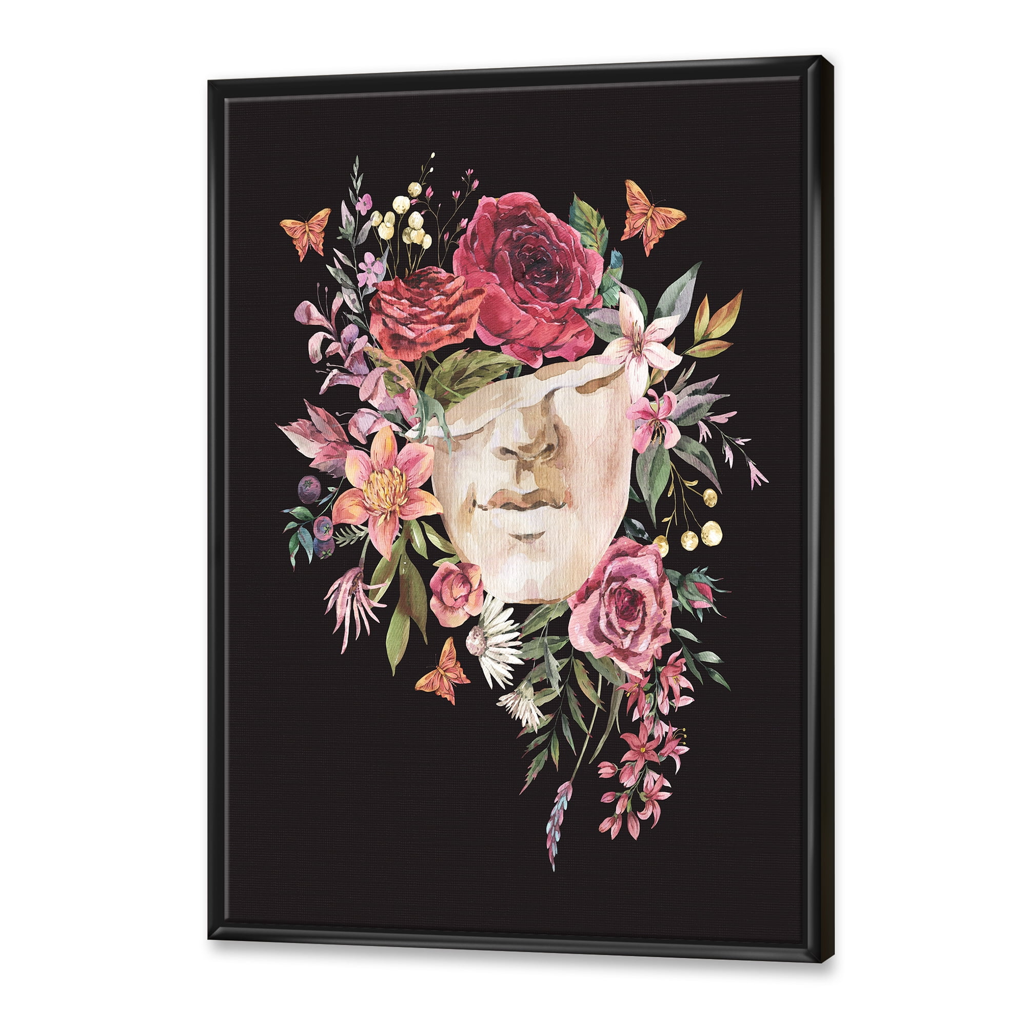 Designart 'Ancient Greek Sculpture Detail With Dry Flowers' Traditional Framed Canvas Wall Art Print