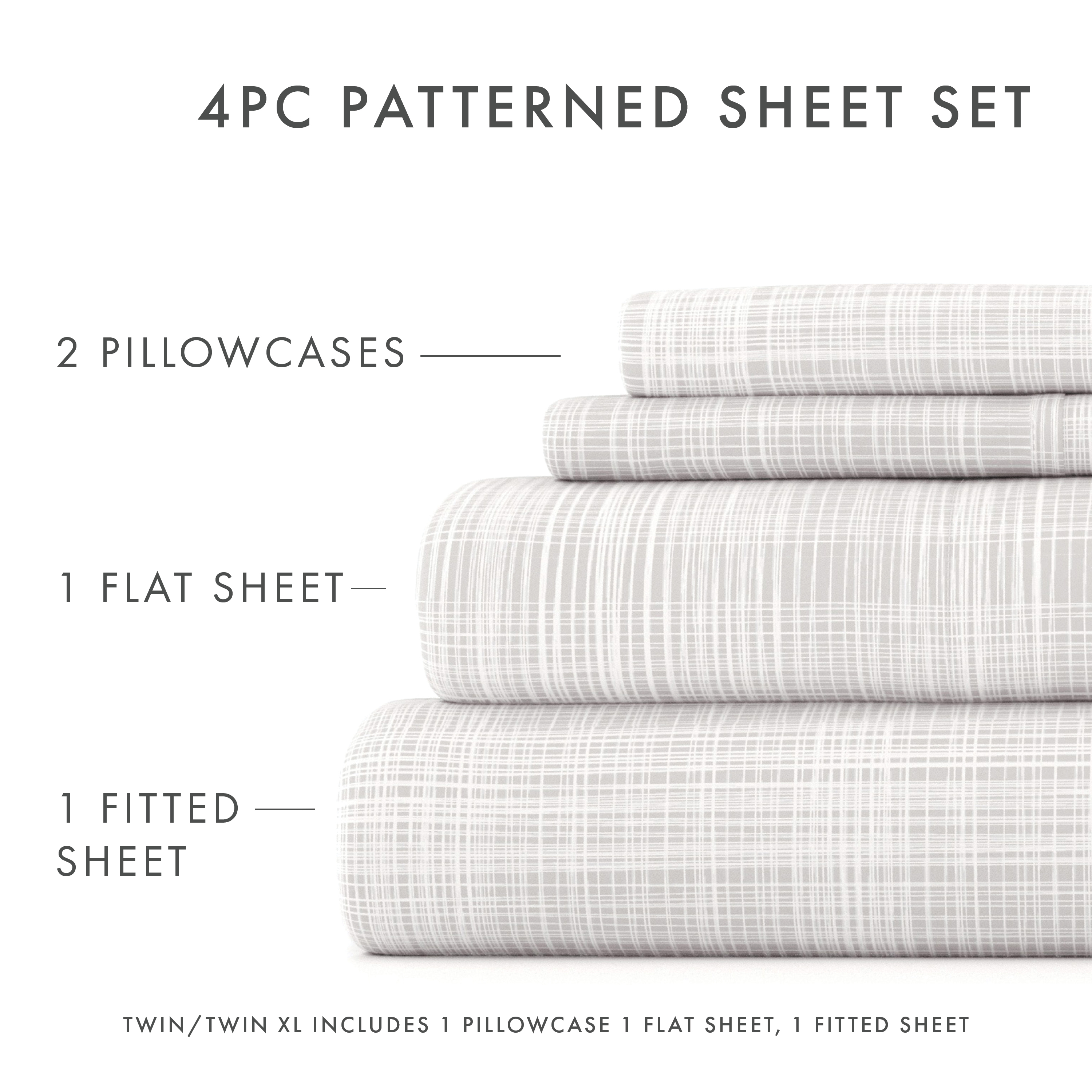 Noble Linens 4 Piece Pattern Microfiber Bed Sheets Set, Gray Thatch, King
