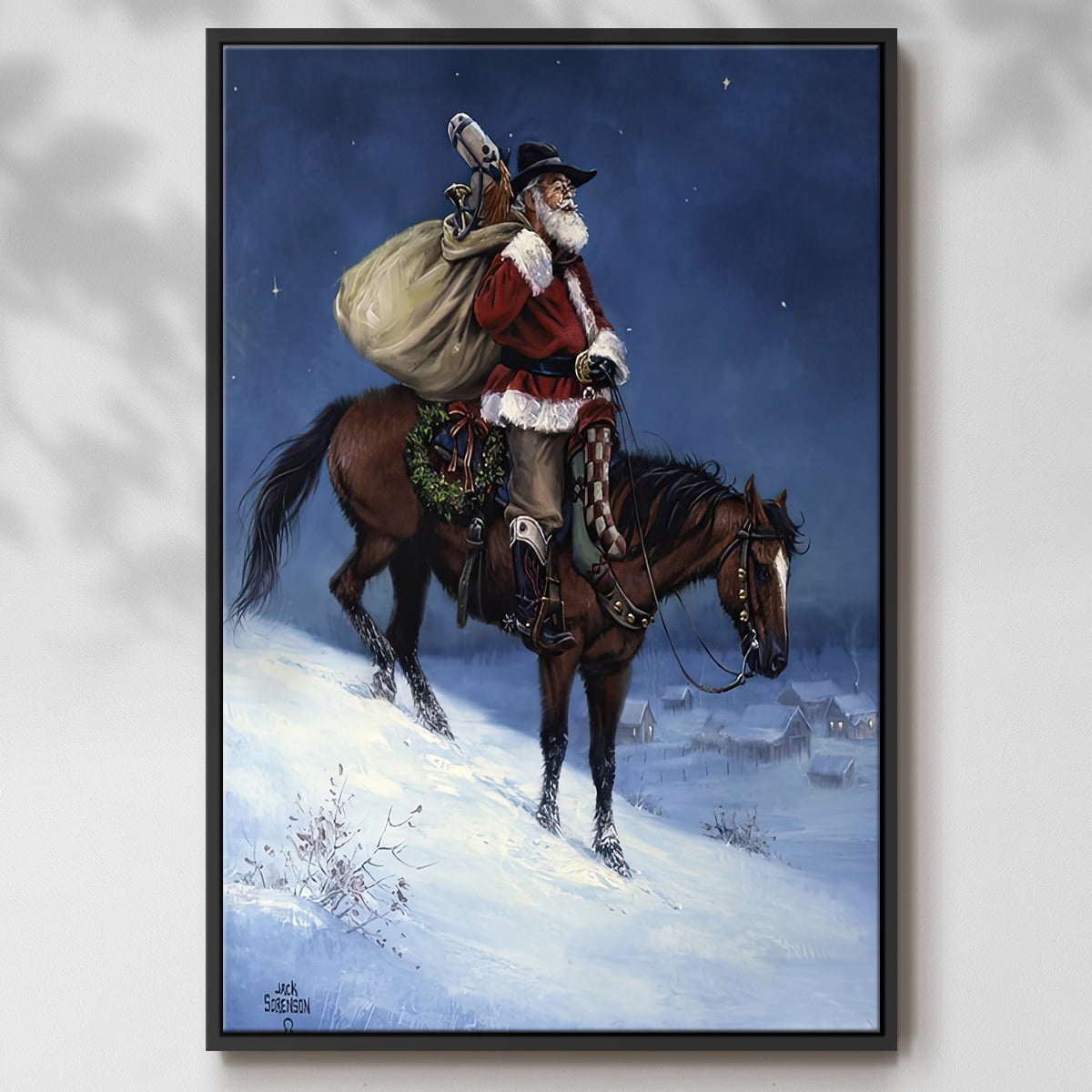 A Cowboy Christmas - Framed Gallery Wrapped Holiday Canvas - 25 x 17 - Black Frame