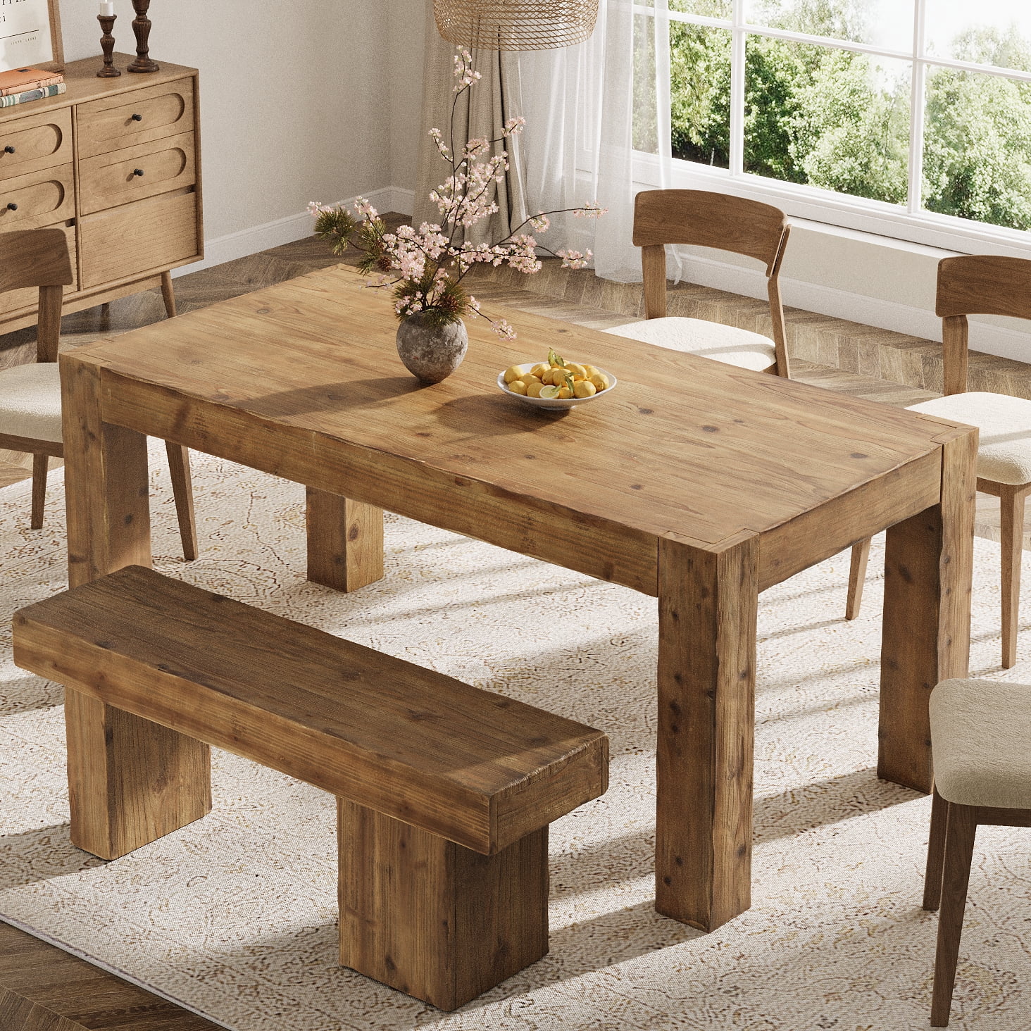 Tribesigns  Solid Wood Dining Table for 4-6 People, 63 Inch Rectangle Farmhouse Table for Kitchen, Dining Room, Rustic Brown