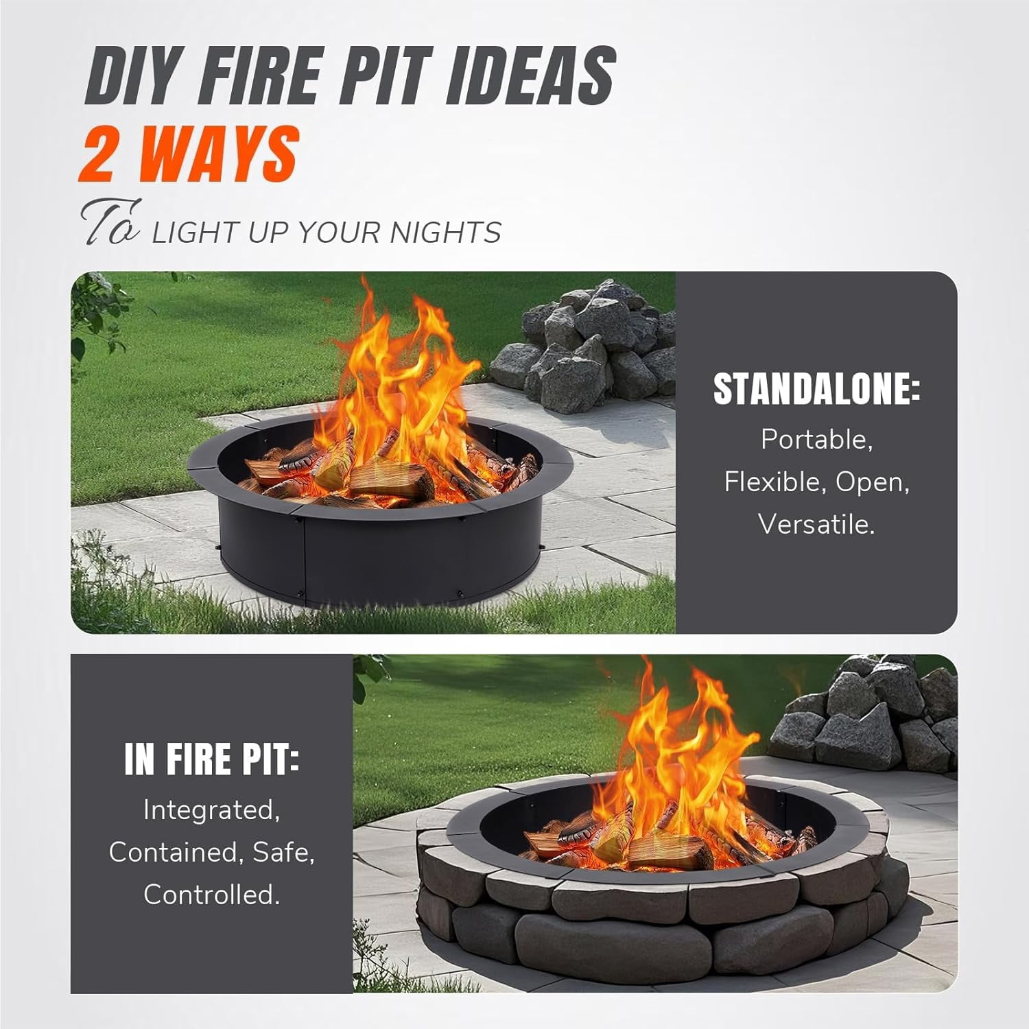 28-Inch Heavy Duty Steel Fire Pit Ring for Outside, Large Round Insert for DIY Camping, Black