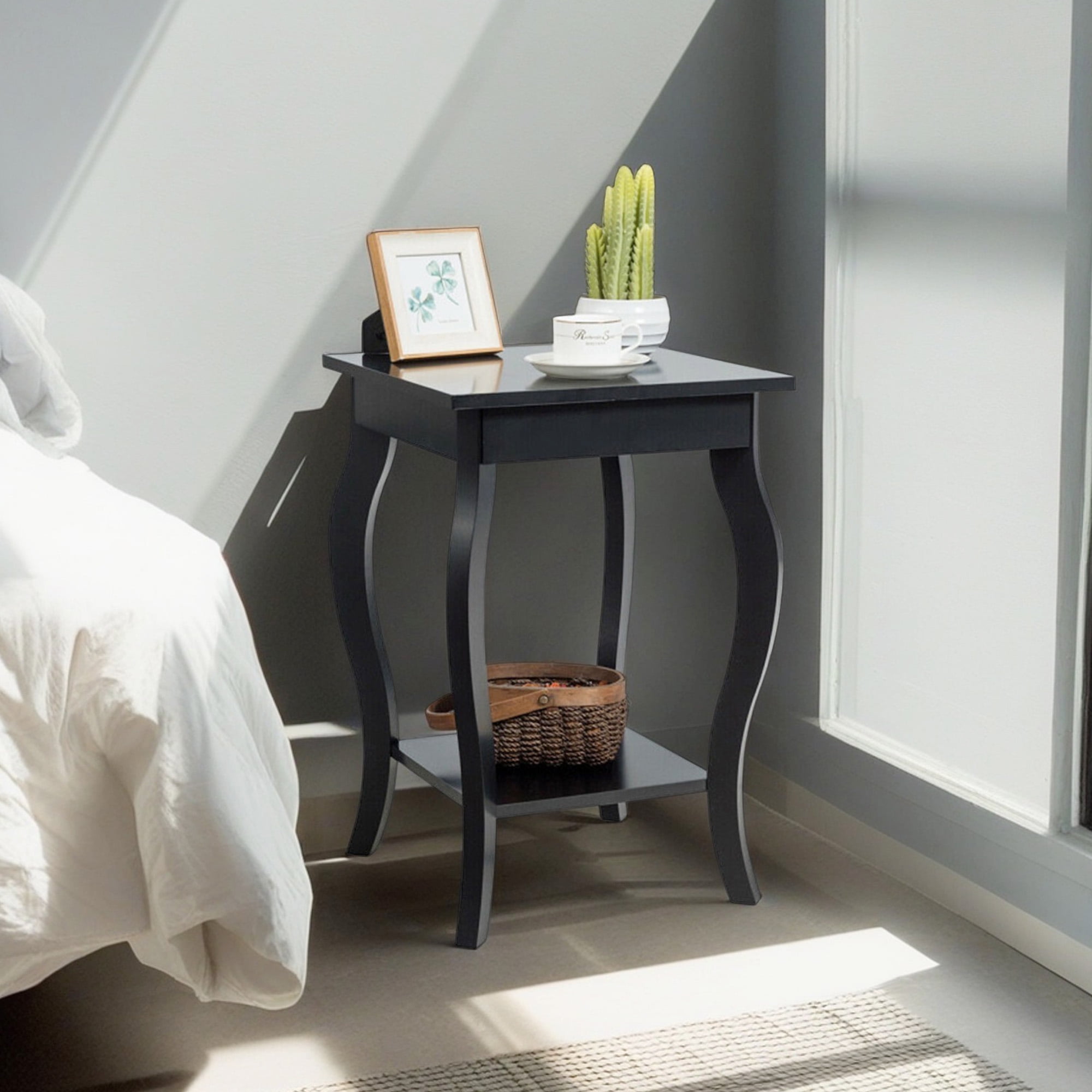 Demi Bonn Set of 2 End Side Table, Square Nightstand, Sofa Table Night Stand with Shelf, for Living Room, Bedroom, Black