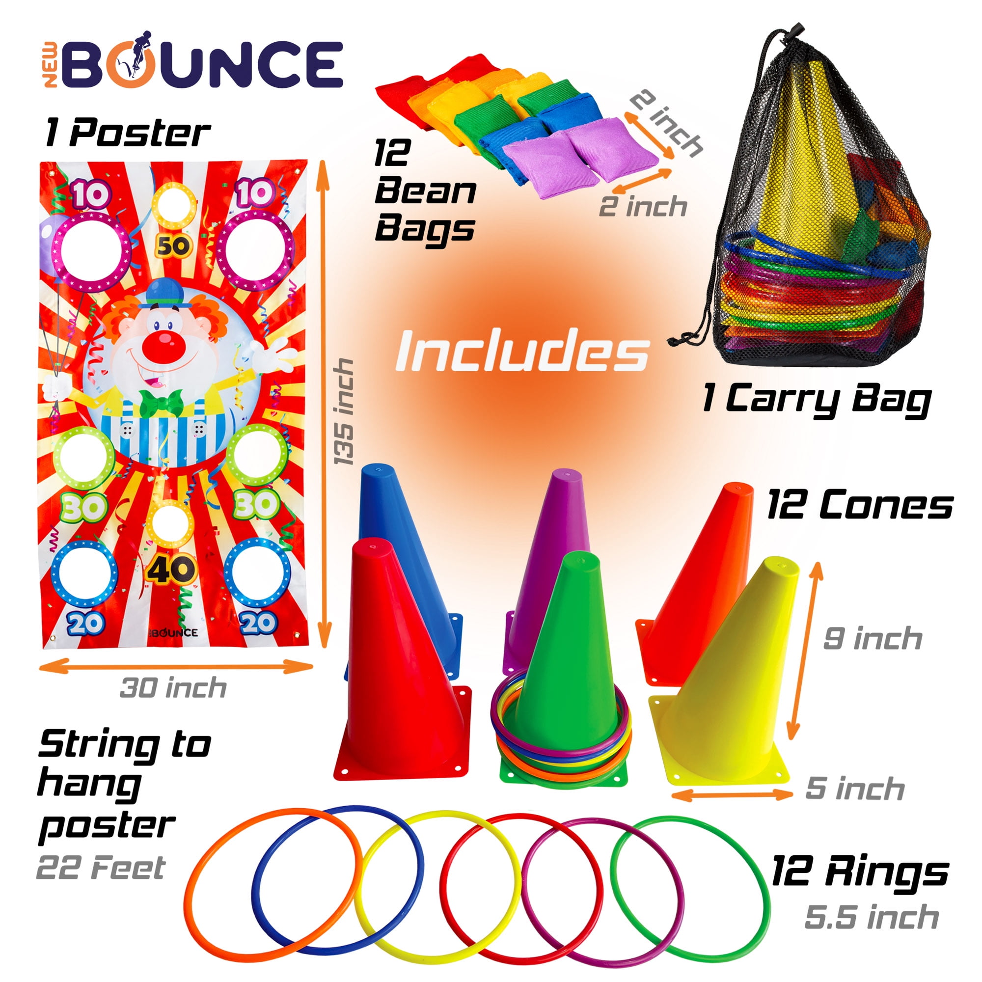 New Bounce Ring Toss Games for Kids – 4-in-1 Outdoor Carnival & Yard Games, Toss Ring Set with Rings, Bean Bags, Cones, and Target Poster