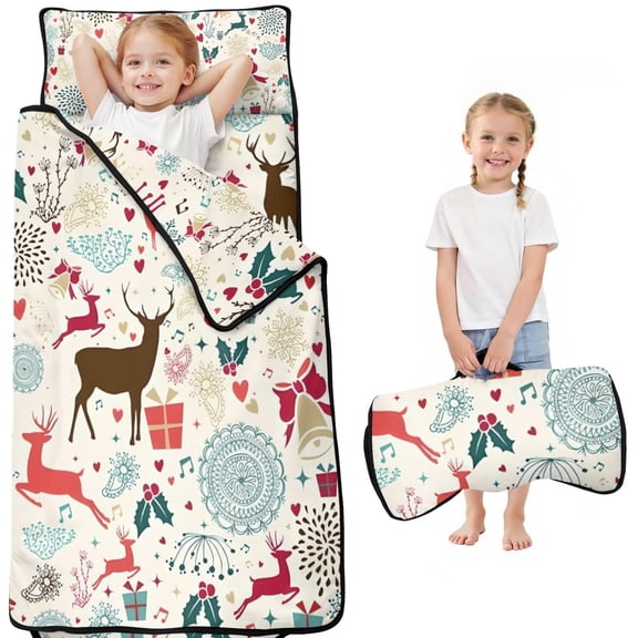 Multicolor Christmas Deer Pattern Toddler Nap Mats for Kids Preschool,50"x20" Sleeping Mat Bag or Kids,Toddler Sleeping Bag,Toddler Nap Mat or Daycare