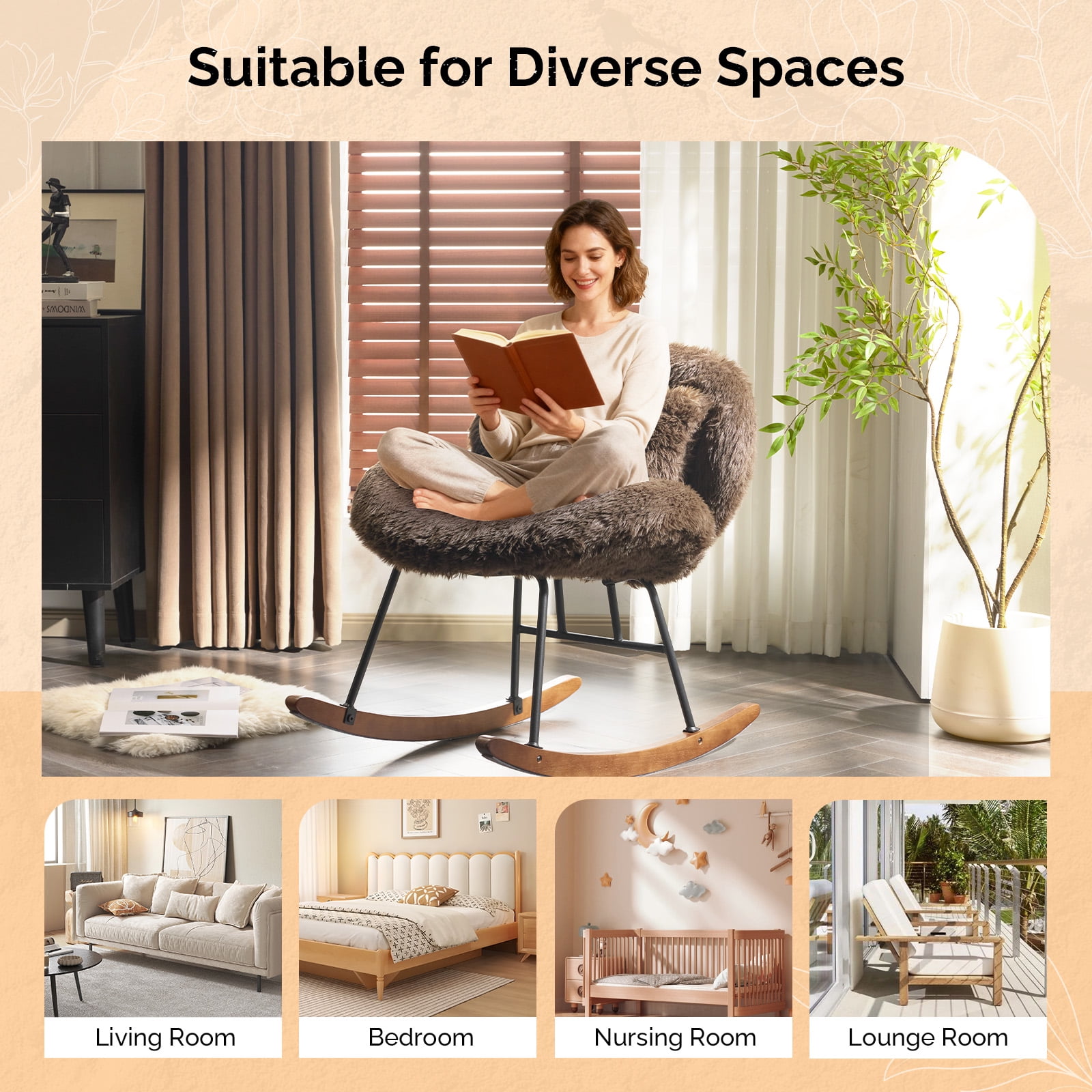 Ktaxon Rocking Accent Chair with Padded Seat, Cute Cozy Nest Style Nursery Chair, Long Pile Fabric Glider Rocker with Wooden Metal Frame Coffee