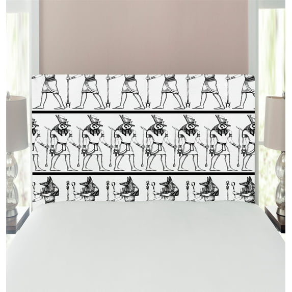 Egyptian Print Headboard, Hieroglyphics with Anubis Traditional Cultural Mummy After Life Art, Upholstered Decorative Metal Bed Headboard with Memory Foam, Twin Size, Black White, by Ambesonne