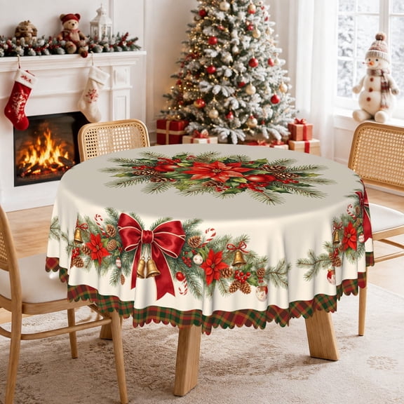 Lfeey Round Tablecloth 60 Inch, Christmas Flowers, Waterproof Washable Table Cover for Party Dinner Decor