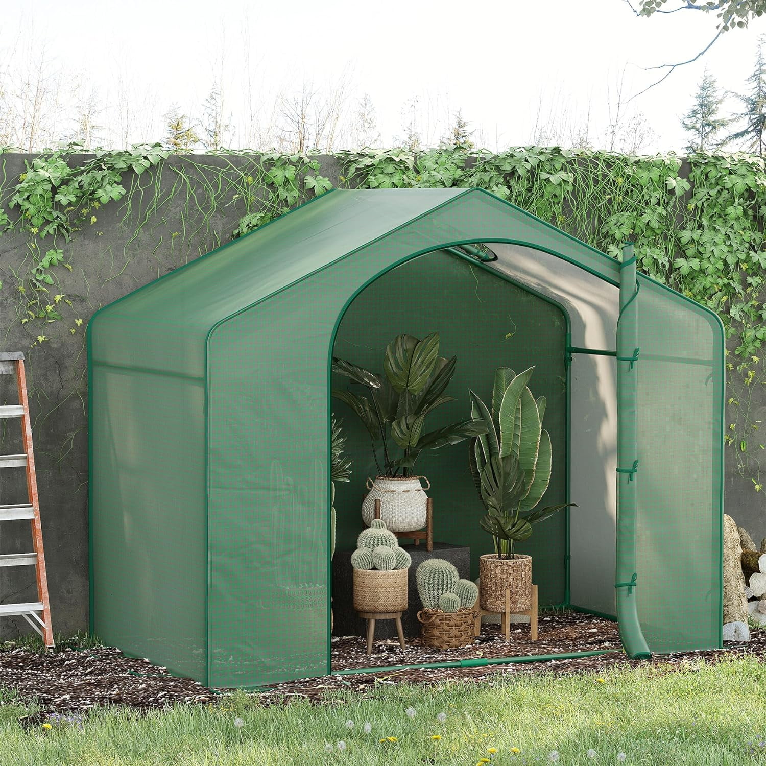6' x 3' x 5' Portable Walk-in Greenhouse, PE Cover, Steel Frame Garden Hot House, Zipper Door, Top Vent for Flowers, Vegetables, Saplings, Tropical Plants, Green