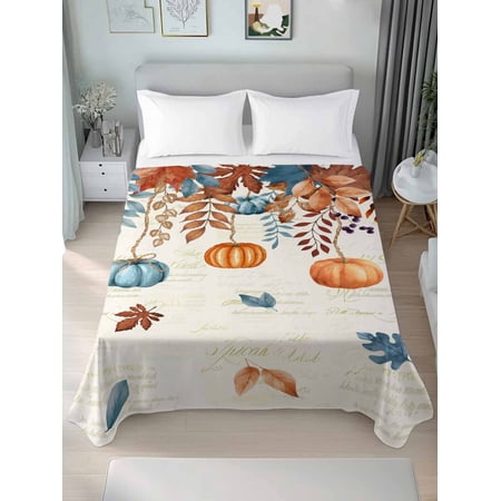 Queen Flat Sheet Only Thanksgiving Pumpkin Fall Leaf Soft Microfiber Cooling Bedding Sheets Maple Leaf Retro Letter Flat Bed Sheet for Hotel Home Decor