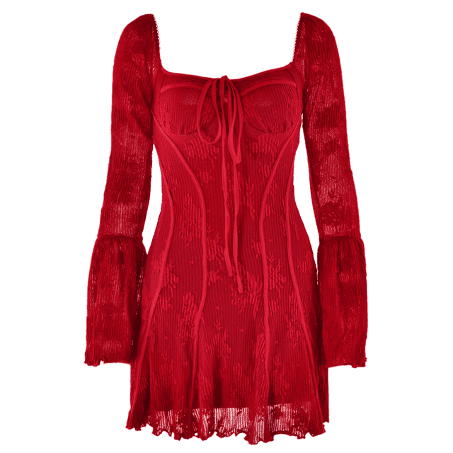 Robe Femme 2025 à Encolure Carrée Manches Longues Manches Trapèze Courte Mini Robes Rouge P