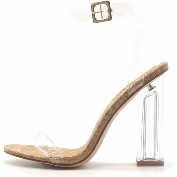 Cape Robbin Maria-2 Cork Clear Block High Heel Transparent Open Toe Pumps (Cork, 8)