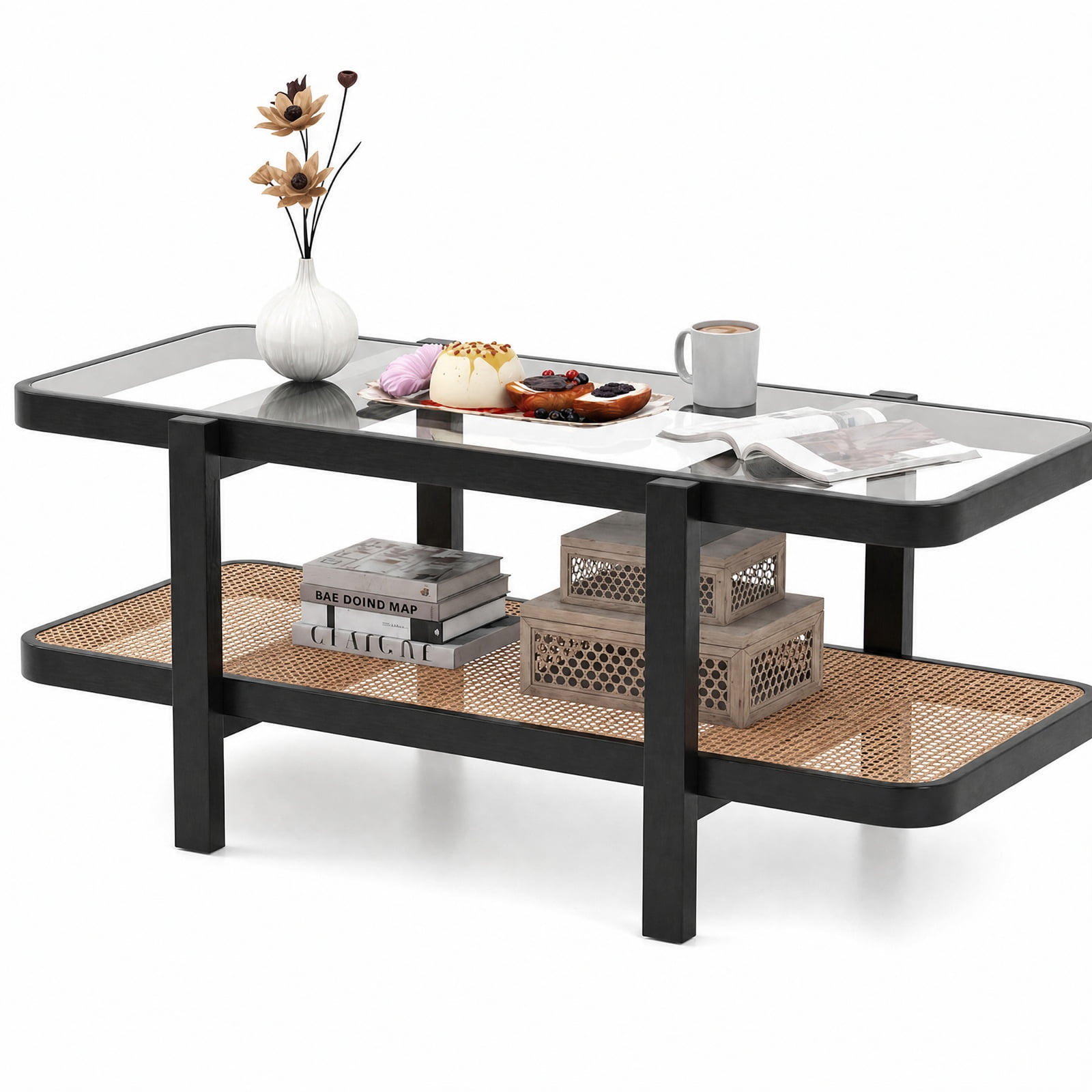 Furnibear 2 Tier Coffee Table with Acacia Wood Frame Tempered Glass Tabletop and Rattan Storage Shelf for Living Room, Brown