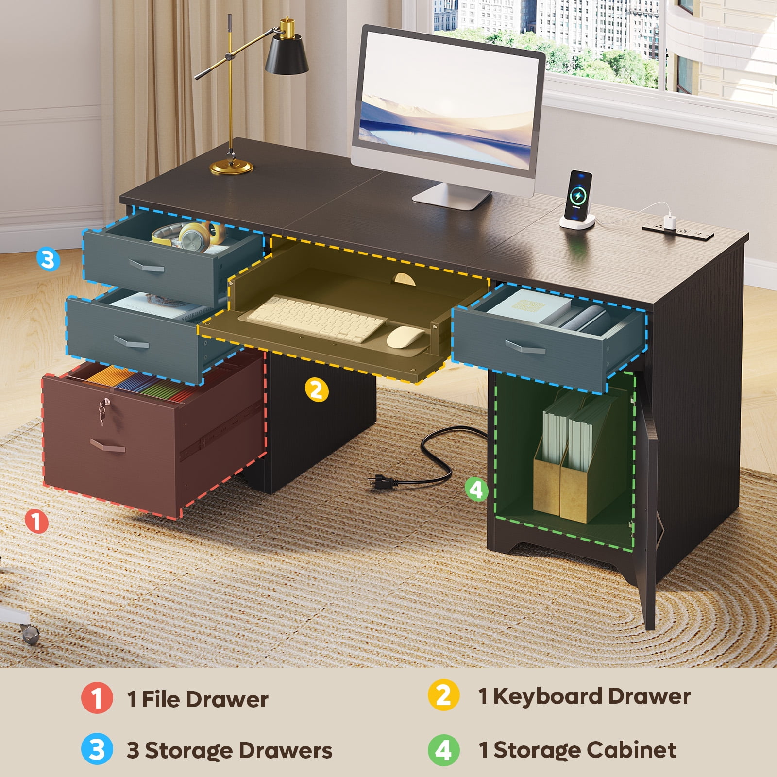 Bestier Computer Desk with 5 Drawers, 59'' Office Desk with Storage, Modern Executive Desk with File Drawers and Storage Cabinets, Charging station, Keyboard Tray, Suitable for Study& Bedrooms Black