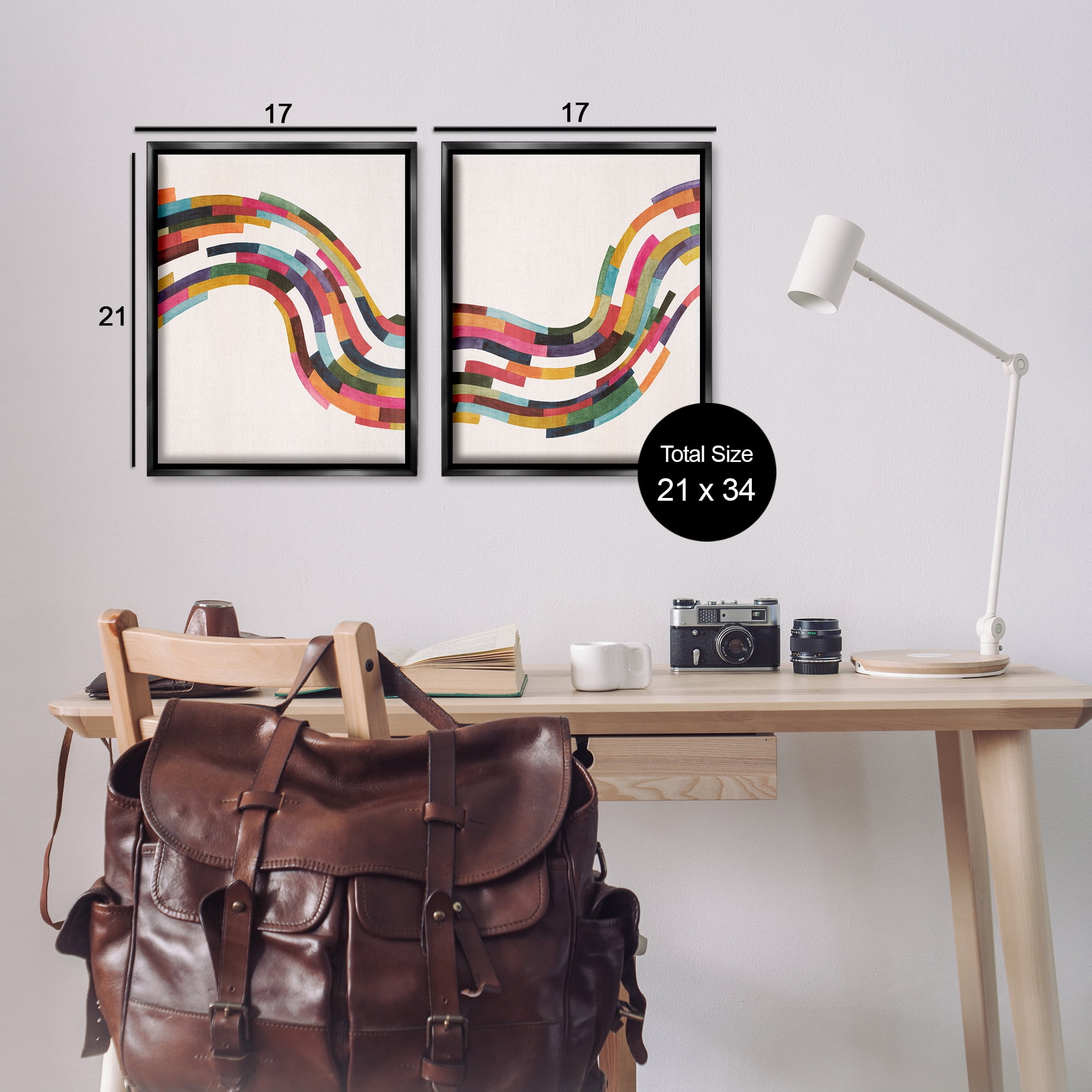 Stupell Industries Abstract Colorful Wave Abstract Painting Black Floater Framed Canvas Art Print Wall Art, 17 x 21, Set of 2