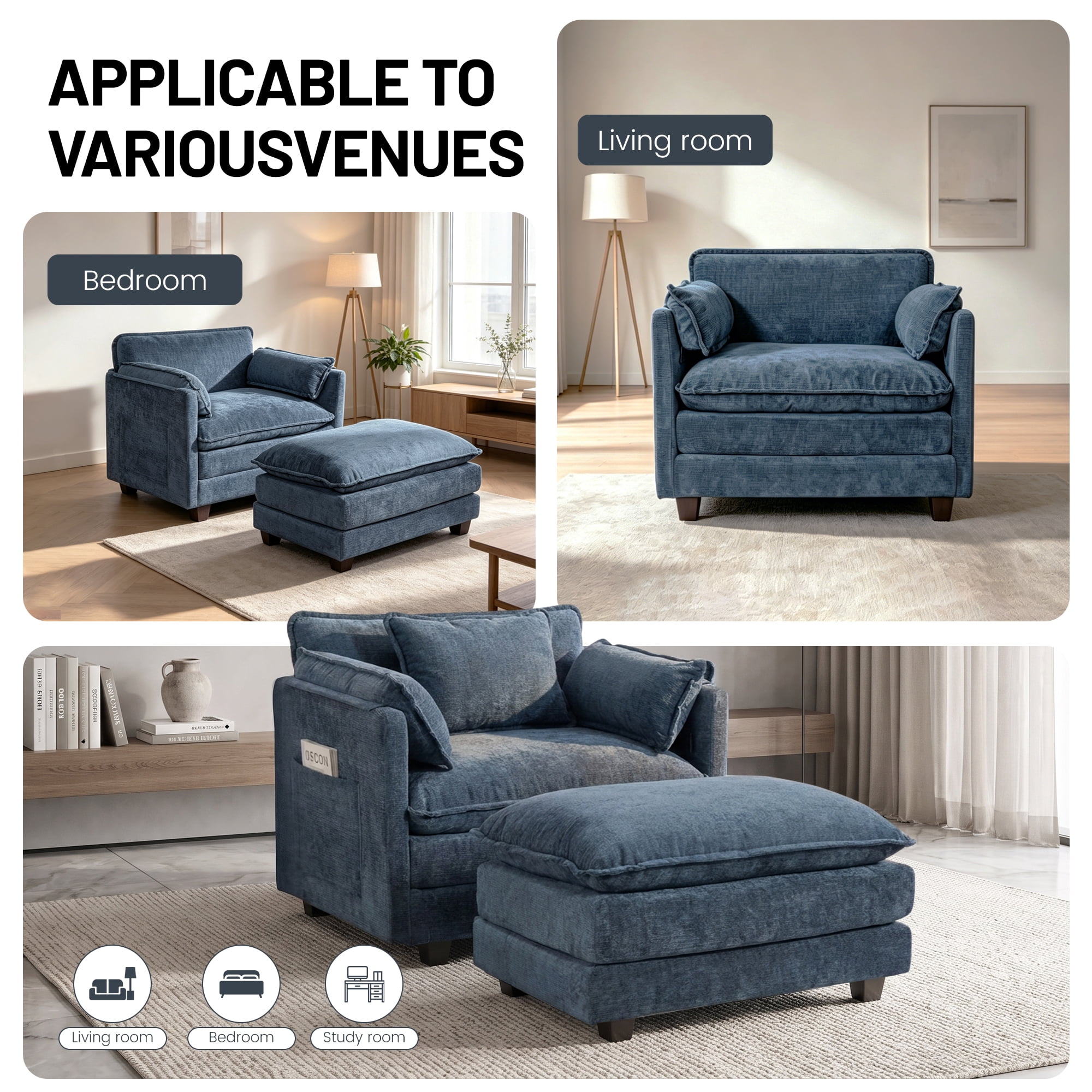 39.76" Oversize Accent Chair wirh Ottoman Armchair Set with Side Pocket