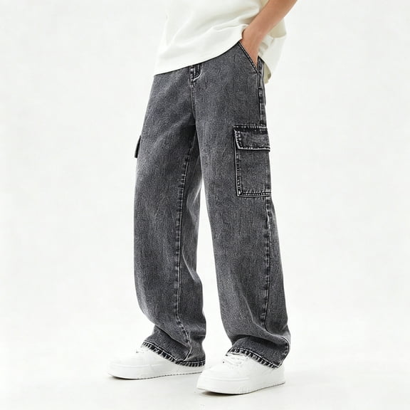 ITSAME Teen Boys Cargo Jeans Elastic Waist Straight Leg Multi-Pocket Loose Casual Denim Pants Black Size 14