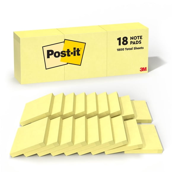 Notas adhesivas Post-it, 3 x 3 en 18 blocs, 100 hojas, color amarillo canario