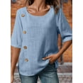 thumbnail image 6 of Women'S Round Neck Short Sleeve Cotton and Linen Button Fashion Casual Top Loose Formal Work T-Shirt Light Blue S, 6 of 7