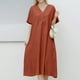 thumbnail image 1 of WILLBEST Vestidos De Mujer Vestido Largo Holgado De Mezcla De Lino De Color Puro Con Cuello En V Y Manga Corta Para Tallas Grandes, 1 of 3