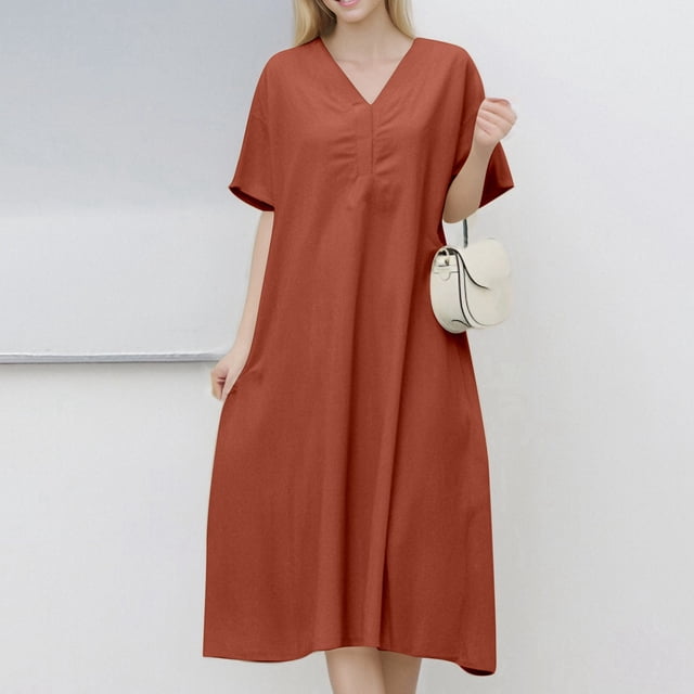 WILLBEST Vestidos De Mujer Vestido Largo Holgado De Mezcla De Lino De Color Puro Con Cuello En V Y Manga Corta Para Tallas Grandes