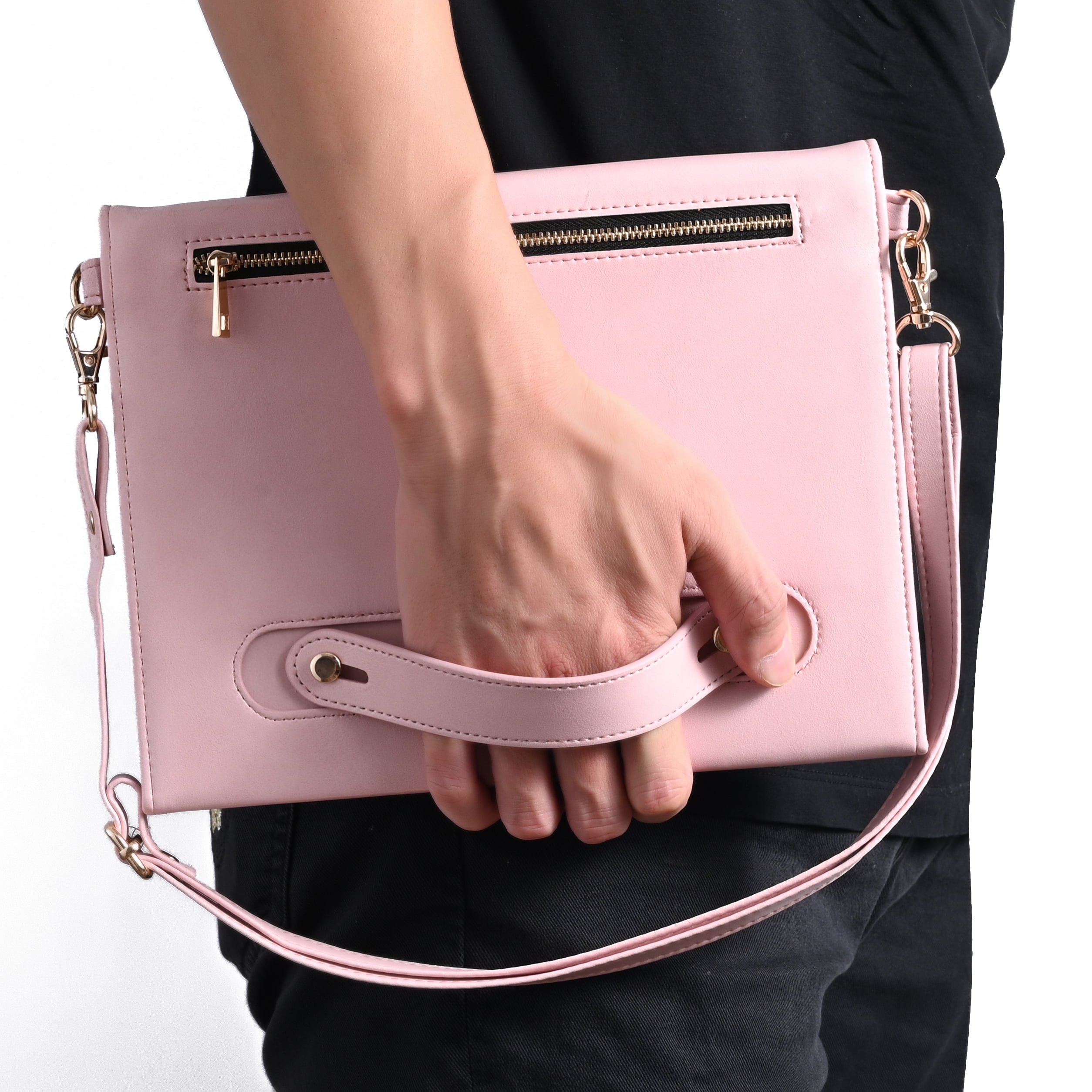 TECH CIRCLE Case for Apple iPad Pro 12.9 inch 6th/5th/4th/3rd Generation,Premium PU Leather Folio Stand Cover with Pencil Holder Zipper Pocket Bag Shoulder Hand Strap Protective Business Case,Pink
