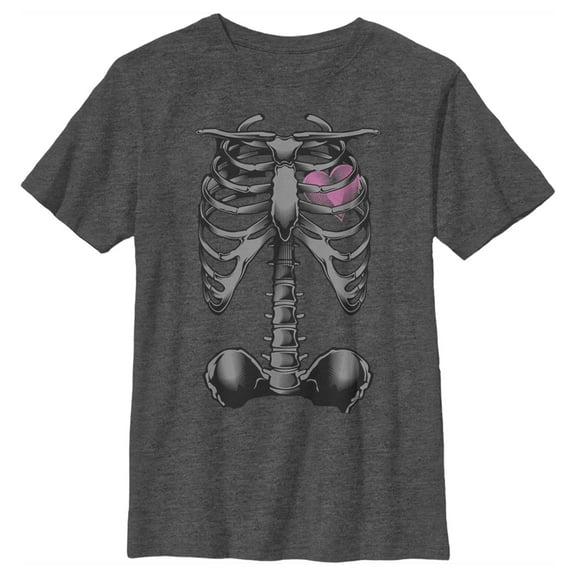 Boy's Lost Gods Halloween Skeleton Rib Cage Heart  Graphic Tee Charcoal Heather Large