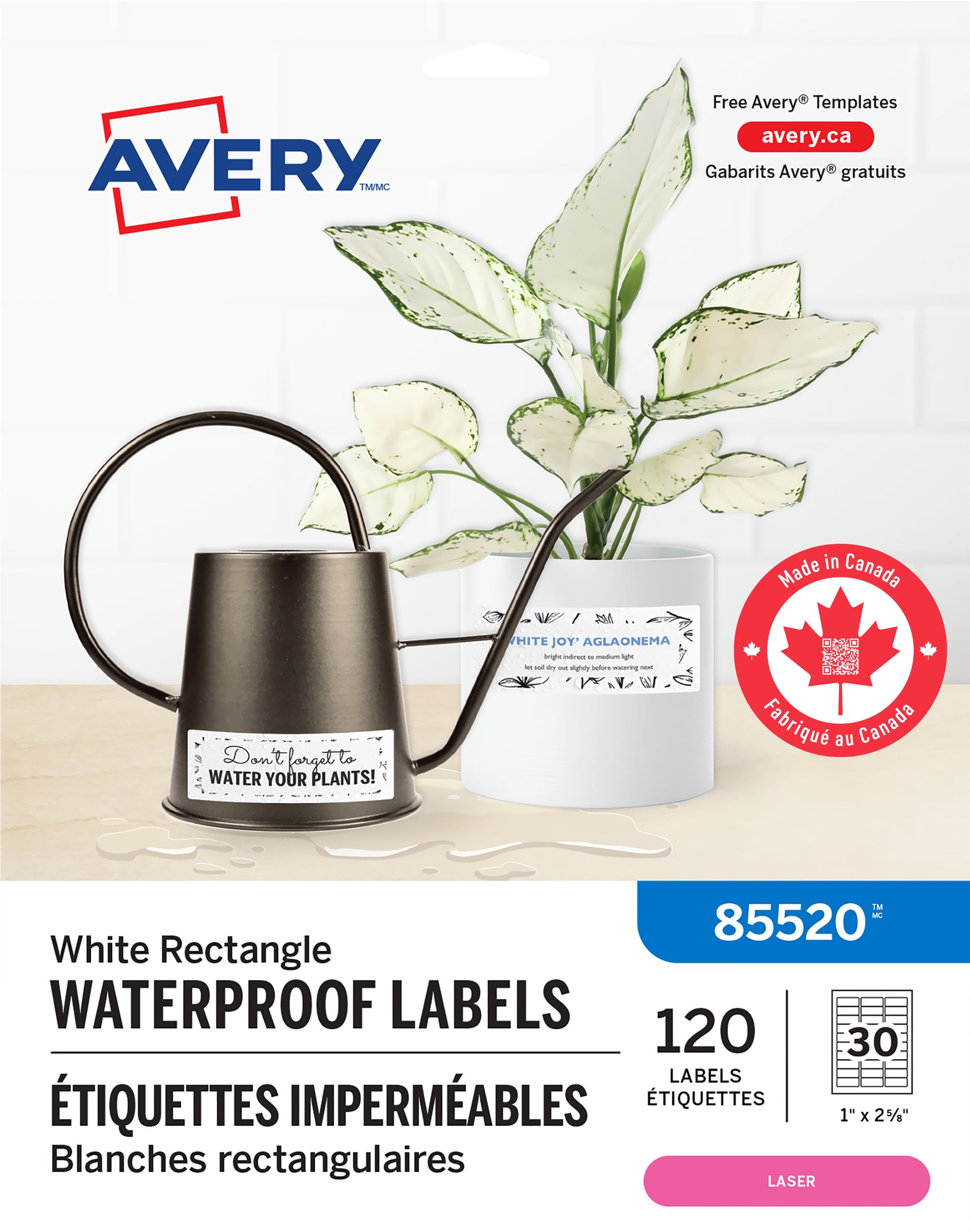 Avery® Étiquettes imperméables, 1 po x 2⅝ po, adhésif permanent, pour imprimantes laser - 85520 imperméables, 1" x 2⅝"