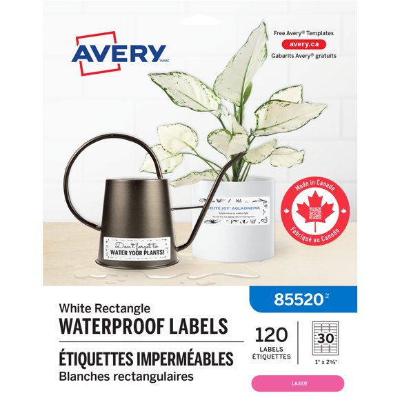 Avery® Étiquettes imperméables, 1 po x 2⅝ po, adhésif permanent, pour imprimantes laser - 85520