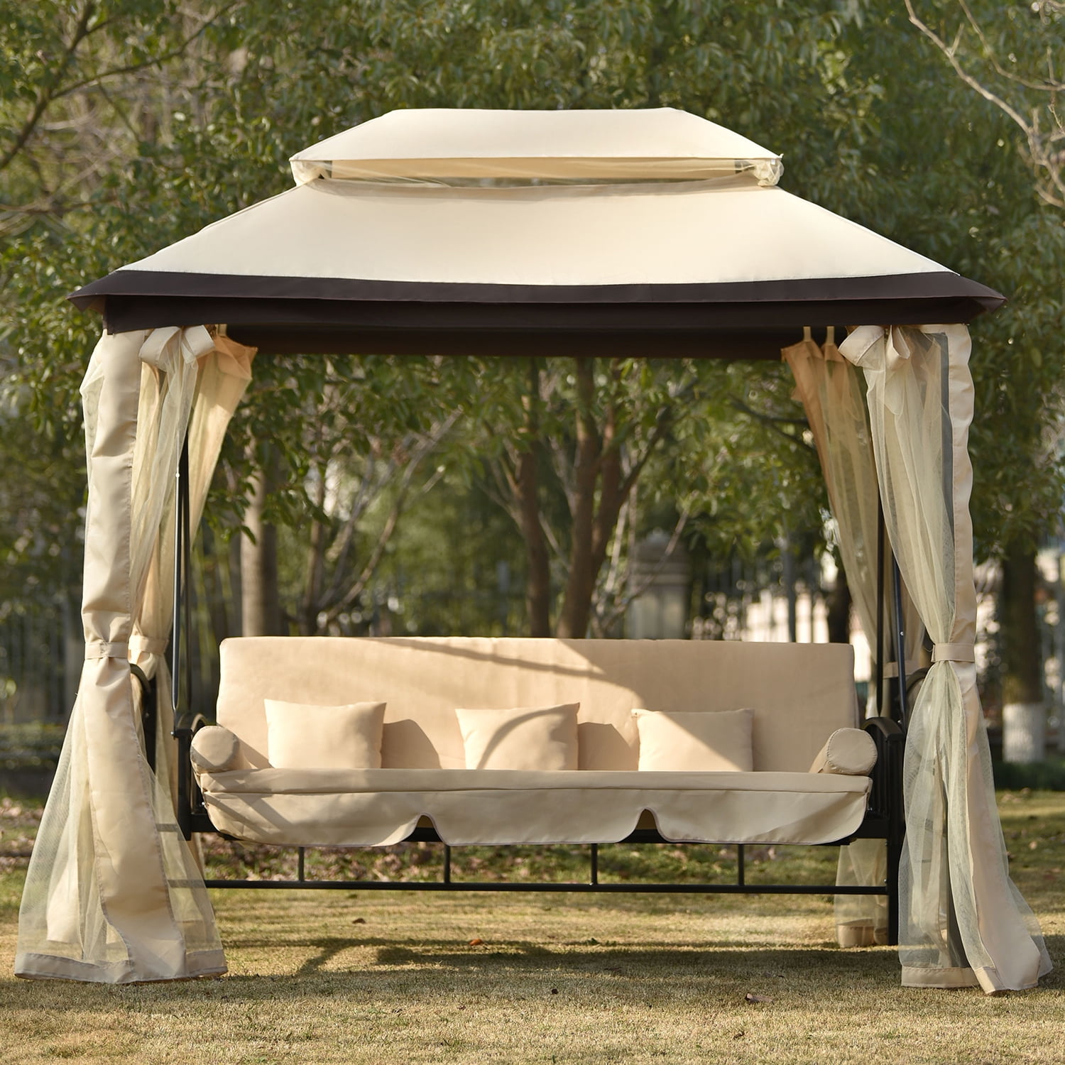 Kadyn 8.9 Ft. W x 5.9 Ft. D Outdoor Canopy Gazebo, Patio Gazebo with Convertible Swing Bench and Mosquito Netting Suitable for Lawn, Garden, Beige