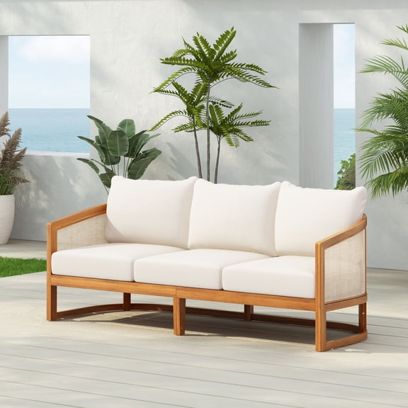 Christopher Knight Home Outdoor 3-Seat Sofa with Curved Acacia Wood Frame & Textilene Upholstery, Teak Beige