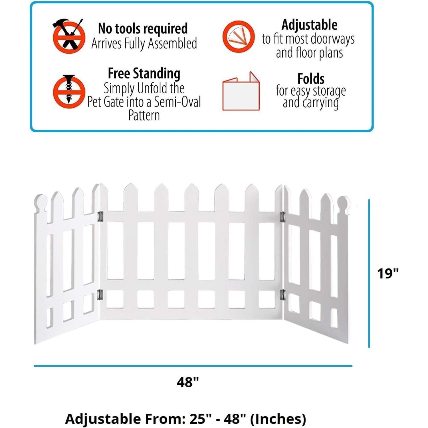 Bilot 3 Panel Wood Picket Fence Design Pet Gate - 19 Inches Tall and Expands Up to 48'' Wide Durable Lightweight Extra Wide Wooden Expandable & Folding Home/Indoor/Outdoor Dog Fence