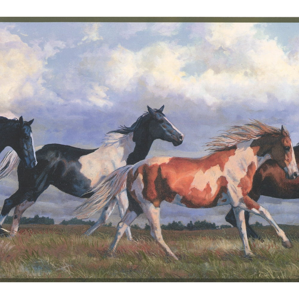 Wallpaper Border - Horses Running Wild Blue Sky Wall Border Retro