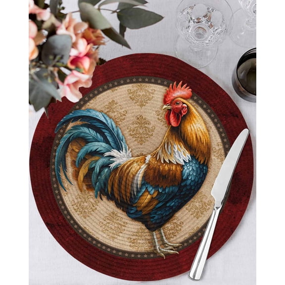 13 Inch Round Placemats Set of 4, Farm Rooster Non Slip Heat Insulation PP Table Mats, Boho Farmhouse Animals Floral Pattern Washable Place Mats for Kitchen Dining Party Table Decor
