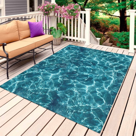 Teal Green Ocean Waves Outdoor Rug 3x5 Ft, Non Slip Washable Area Rug, Summer Sea Pool Patio Rugs Carpet Runner, Large Floor Mat for Indoor/Outdoor Deck Porch Camping