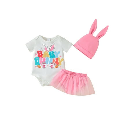 

HOANSELAY Baby Girls Easter Shorts Sets Short Sleeve Bunny Carrot Print Romper Tulle PP Shorts Hat Sets
