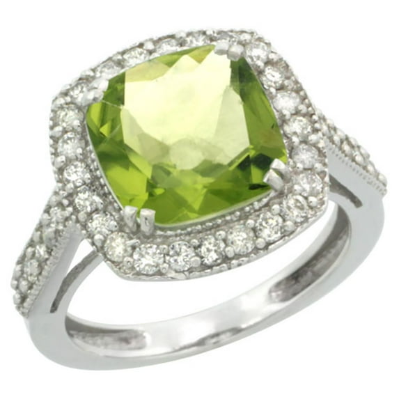 10k White Gold Natural Peridot Ring Cushion-cut 9x9mm Diamond Halo, size 5.5