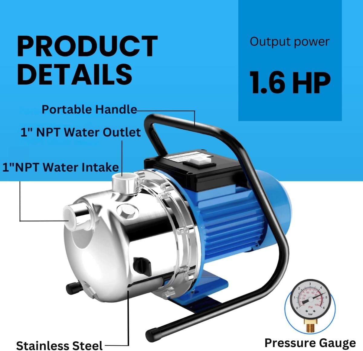 FOTING 1.6HP Shallow Well Pump, 1600GPH 115V Portable Garden Pump, Jet Pumps 147FT, Stainless Steel Water Transfer Household Draining Irrigation Pumps for Garden Lawn Farm
