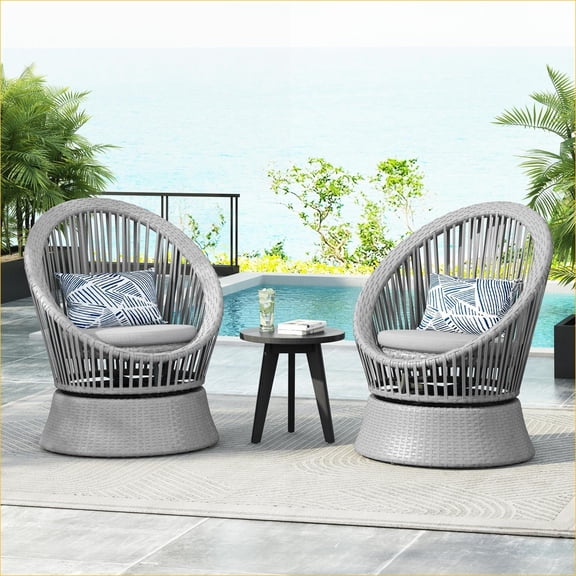 Outdoor Lounge Chairs | Set of 2 26.7" Modern Swivel Round, For Patio Living Room Balcony | Matte Silver Light Gray | PE Rattan Iron